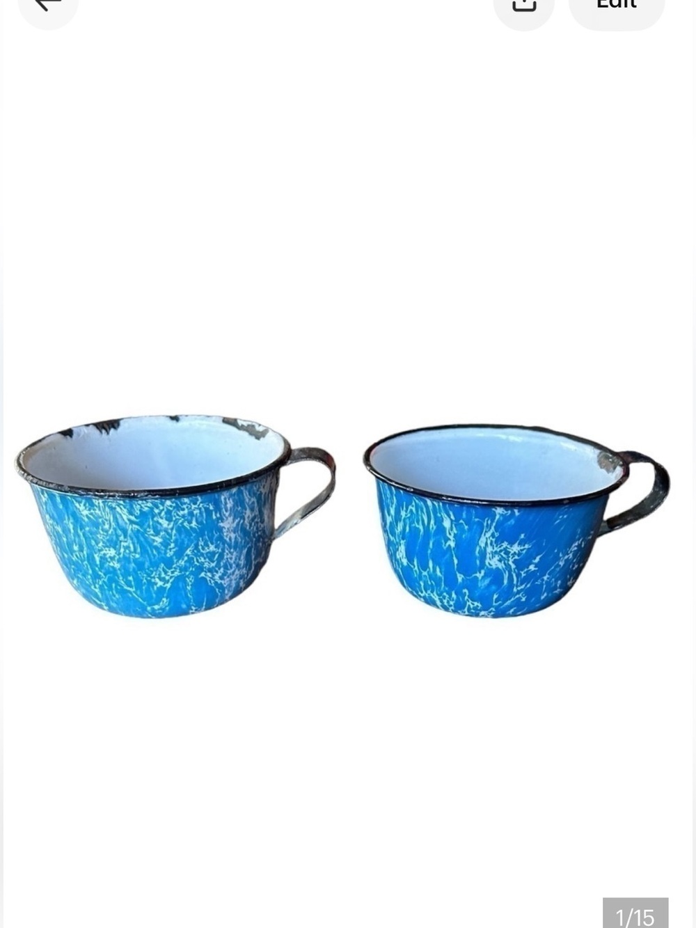 Set of 2 Vintage Enamelware Blue White Swirl Graniteware Cups Mugs with Handles